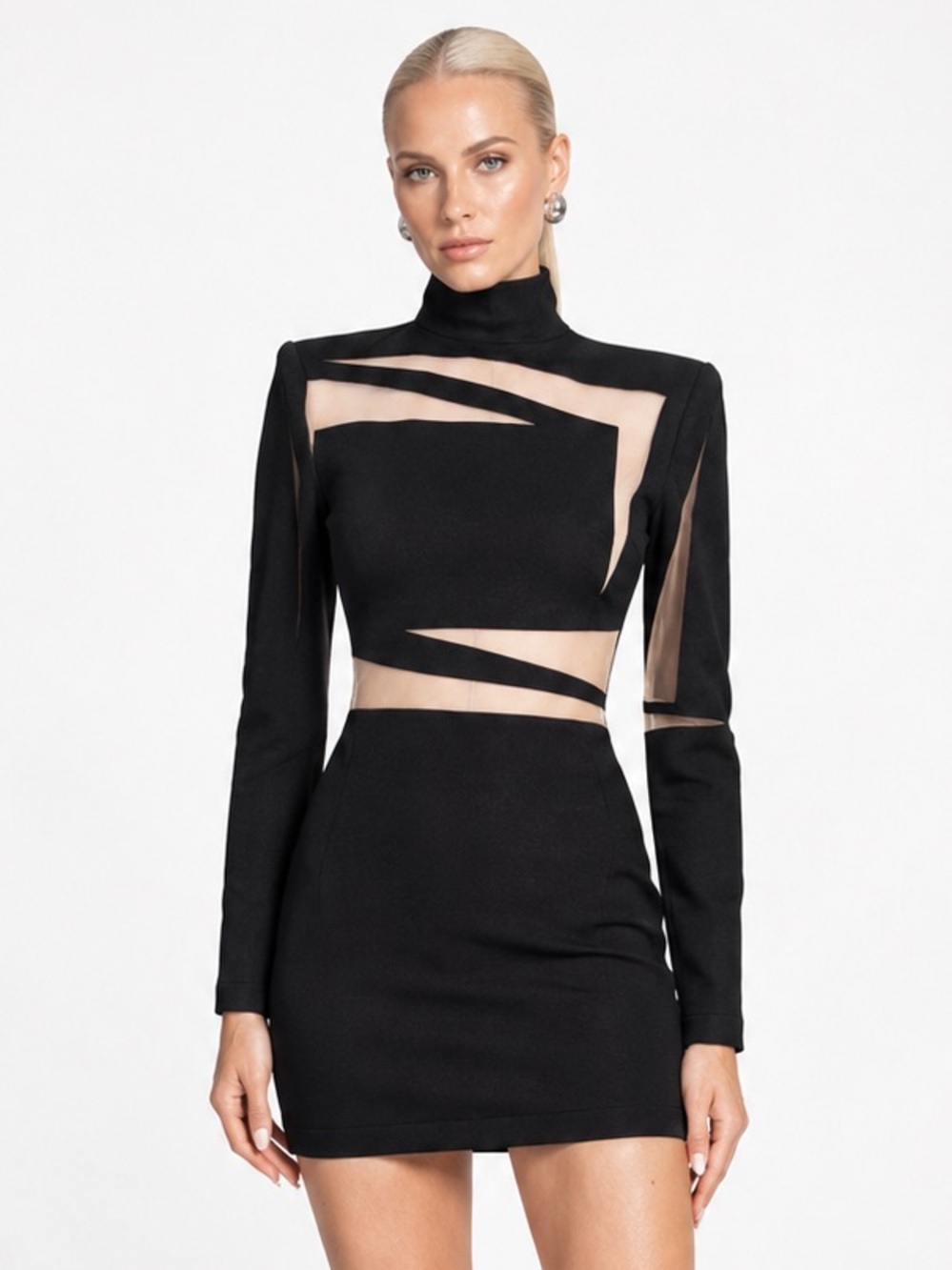 BALMAIN NWT Black Mesh Illusion Strong Shoulder Dress FR 38